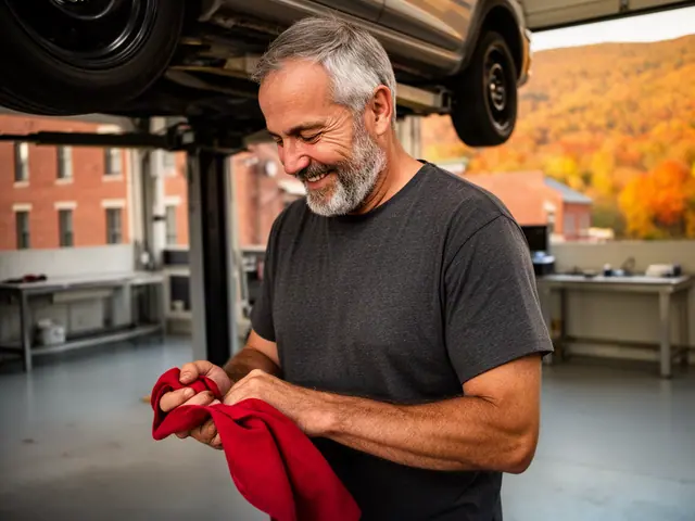 An auto-repair shop owner in a service bay under a lifted car.
