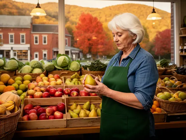 A grocer in an apron beside a fresh produce display.