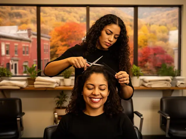 A stylist finishing a client's hair in a bright salon.